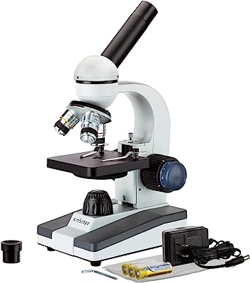 AmScope - 40X-1000X Student Biological Compound Monocular Microscope - Cordless, LED, Metal Frame, Optical Glass Lens