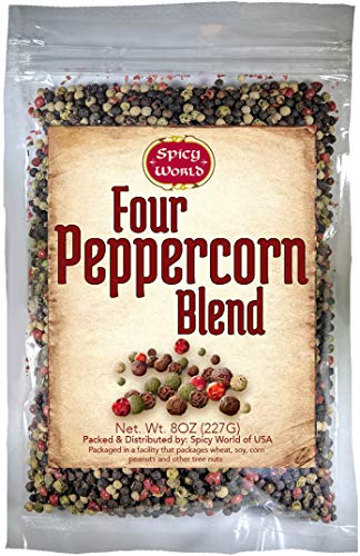 Book Cover Four Peppercorn Rainbow Blend 8 oz - NON GMO, Steam Sterilized - Whole Black, Green, White & Pink Peppercorns - by Spicy World