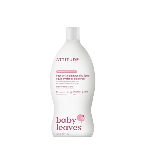 ATTITUDE Baby Bottle & Dish Soap, EWG Verified Bottle Cleaner, Fragrance Free & Dye Free, Removes Milk Residue & Grease, Vegan, Unscented, 23.7 Fl Oz