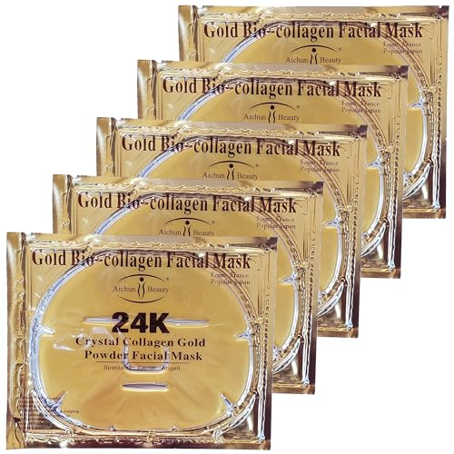AICHUN BEAUTY 5PCS 24K Gold Gel Collagen Crystal Facial Masks Sheet Patch For Anti Aging Puffiness Anti Wrinkle Moisturizing Deep Tissue Rejuvenation and Hydrates Skin