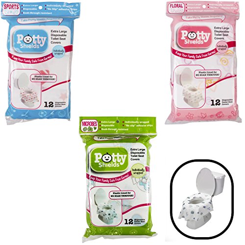 Toilet Seat Covers- Disposable XL Potty Seat Covers by Potty Shields (Set of 12 Individually Wrapped) - Extra-Large Coverage Area with No Slip Design
