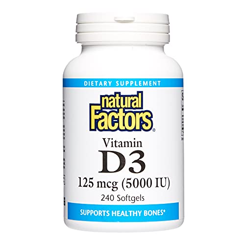 Natural Factors, Vitamin D3 5000 IU (125 mcg), Supports Strong Bones, Muscles and Immune Function, 240 Softgels