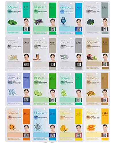 Dermal Korea Collagen Essence Full Face Facial Mask Sheet Combo Pack (16 Pack)