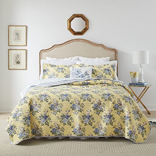 Book Cover Laura Ashley Home Linley Collection Quilt Set-100% Cotton, Reversible, Lightweight & Breathable Bedding, Pre-Washed for Added Softness, Queen, Pale Yellow