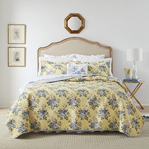 Laura Ashley Home Linley Collection Quilt Set-100% Cotton, Reversible, Lightweight & Breathable Bedding, Pre-Washed for Added Softness, Queen, Pale Yellow