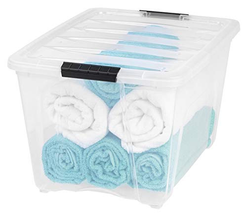 IRIS USA 53 Qt Stackable Plastic Storage Bin with Lid, 1 Pack - BPA-Free, Made in USA - See-Through Organizing Solution, Latches, Durable Nestable Container, Secure Pull Handle - Clear