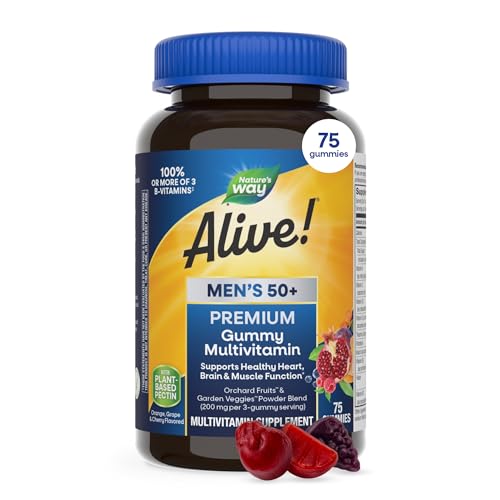 Nature’s Way Alive! Men’s 50+ Premium Gummy Multivitamin, Supports Healthy Heart, Brain & Muscle Function*, B-Vitamins, Vegetarian, Grape, Orange and Cherry Flavored, 75 Gummies