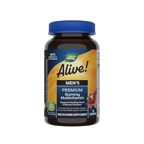 Nature's Way Alive! Men's Premium Gummy Multivitamin, Supports Healthy Heart, Muscle Function*, Full B-Vitamin Complex, Orange, Grape, Cherry Flavored, 75 Gummies (Packaging May Vary)