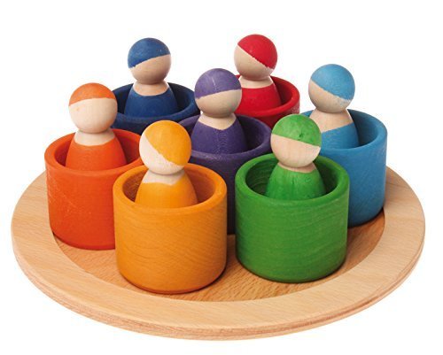 Book Cover Grimm's Seven Friends in 7 Bowls: Set of Wooden Sorting & Matching Rainbow Peg Dolls with Tray
