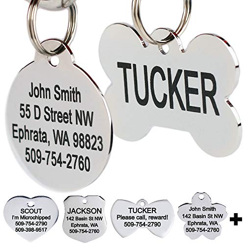GoTags Stainless Steel Pet ID Tags, Personalized Dog Tags and Cat Tags, Up to 8 Lines of Custom Text, Engraved on Both Sides in Bone, Round, Heart, Flower, Shield, House, Star, Rectangle, and Bow Tie