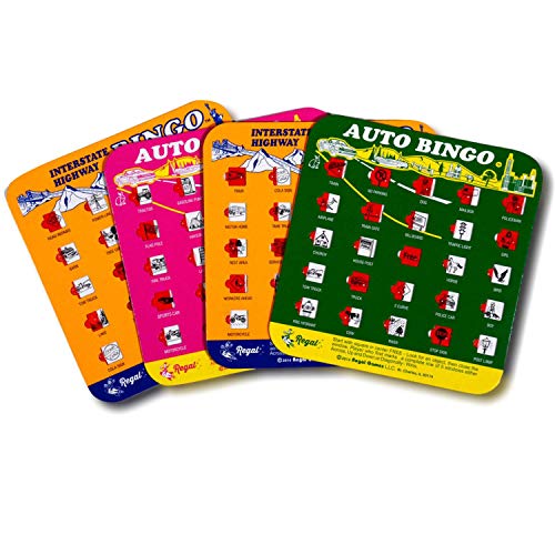 Book Cover Regal Games Original Assorted Auto and Interstate Travel Bingo Set, Bingo Cards Great for Family Vacations, Car Rides, and Road Trips, Multi Color, 4 Pack