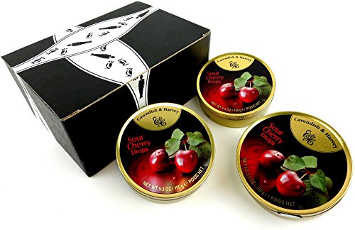 Cavendish & Harvey Sour Cherry Drops, 5.3 oz Tins in a BlackTie Box (Pack of 3)