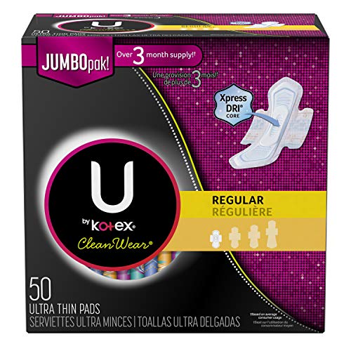 Book Cover U by Kotex CleanWear Ultra Thin Pads with Wings, Regular, Fragrance-Free, 50 Count