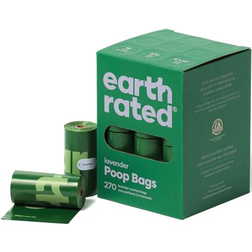 Book Cover Earth Rated Dog Poop Bags, 270 Extra Thick and Strong Poop Bags for Dogs, Guaranteed Leak-Proof, Lavender-Scented, 18 Rolls, 15 Doggy Bags Per Roll, Each Dog Poop Bag Measures 9 x 13 Inches