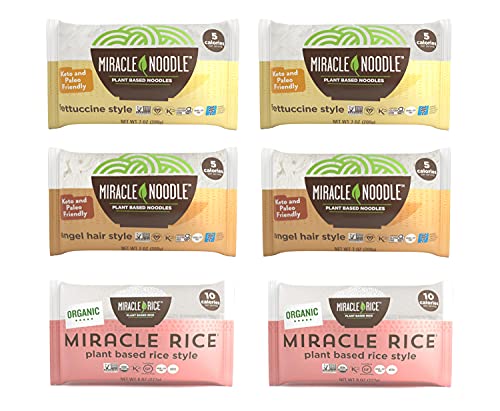 Miracle Noodle Pasta & Rice Variety Pack - Fettuccine & Angel Hair Plant Based Shirataki Noodles - Plant Based Miracle Rice - Keto, Vegan, Gluten-Free, Low Carb, Paleo - 2 Bags of Each (Pack of 6)