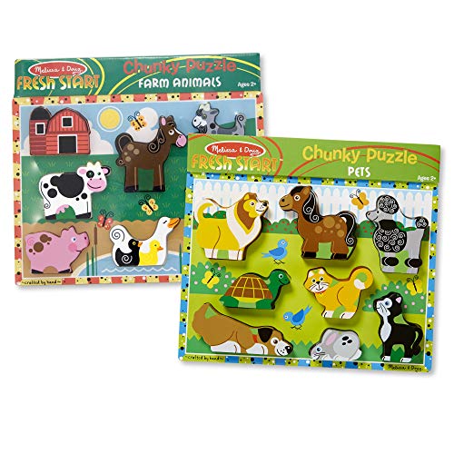 Book Cover Melissa & Doug Wooden Chunky Puzzles Set - Farm and Pets