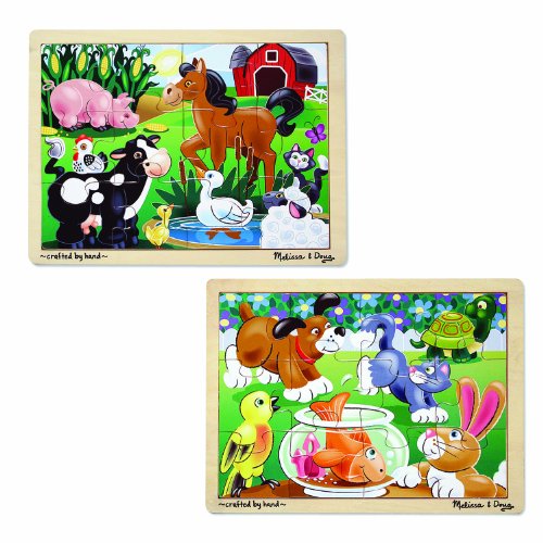 Melissa & Doug Animals Wooden Jigsaw Puzzles Set - Pets and Farm Life (12 pcs each)