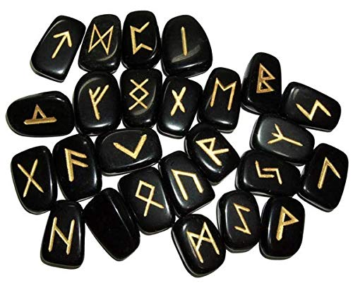Book Cover Black Obsidian Gemstone Engraved Elder Futhark Rune Set - Wicca ,Pagan,celtic,new Age and Metaphysical By Zimras