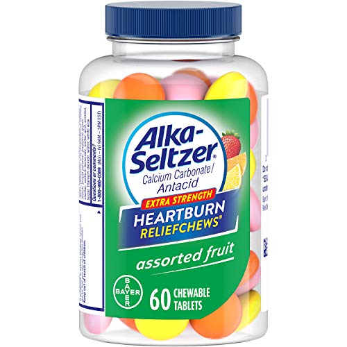 Alka Seltzer Extra Strength Heartburn Relief Chews, Assorted Fruit Antacid Tablets for Acid Indigestion, Upset Stomach and Sour Stomach Relief - 60 Count
