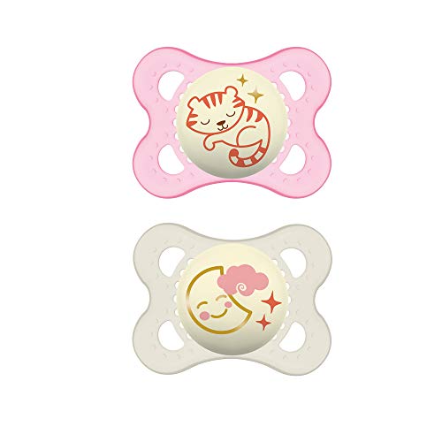 Book Cover MAM Night Pacifiers (2 Pack, 1 Sterilizing Pacifier Case), MAM Pacifiers 0-6 Months, Best Pacifier for Breastfed Babies, Glow in the Dark Pacifier, Baby Girl Pacifier