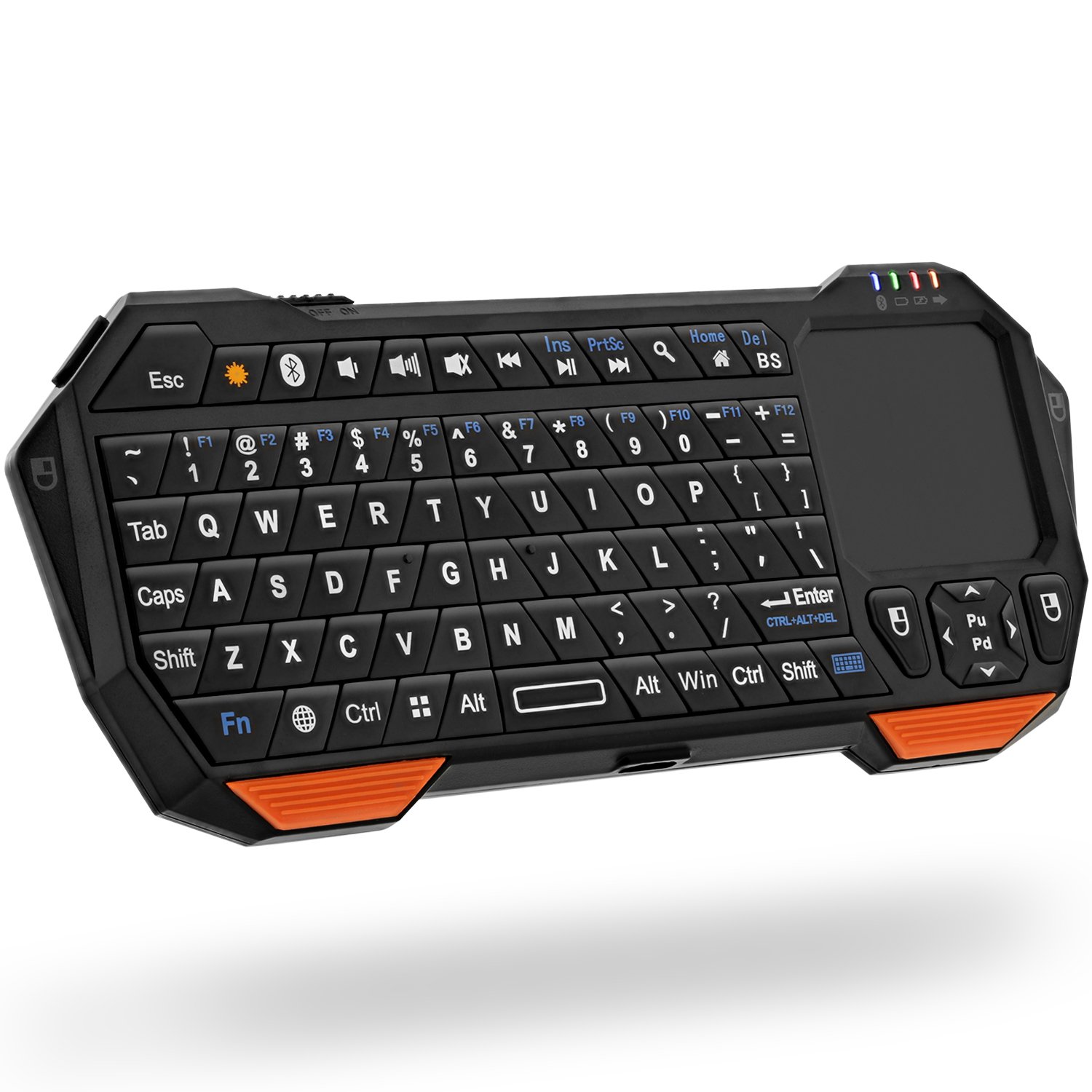 Book Cover Fosmon Portable Lightweight Mini Wireless Bluetooth Keyboard Controller, QWERTY keypad with Built-In Touchpad (Black and Orange)