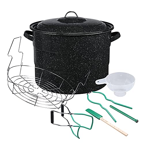 Book Cover Granite Ware 8 Piece Enamelware Water bath Canning Pot (Speckled Black) with Canning Toolset and Rack. Canning Supplies Starter Kit, Canning Supplies. Canning Kit.