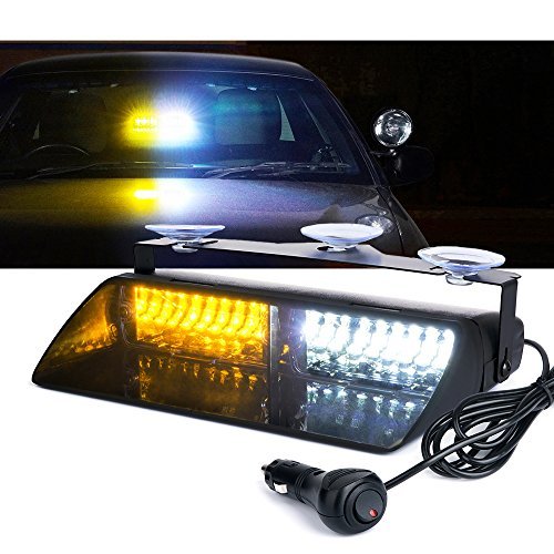 Book Cover Xprite White & Amber Yellow 16 LED High Intensity LED Law Enforcement Emergency Hazard Warning Strobe Lights For Interior Roof/Dash/Windshield With Suction Cups