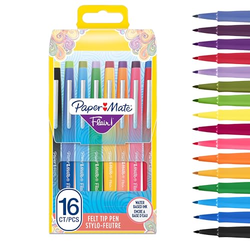Paper Mate S0977450 Lot de 16 Feutres à Pointe Nylon Flair Pointe Moyenne, Coloris Assortis