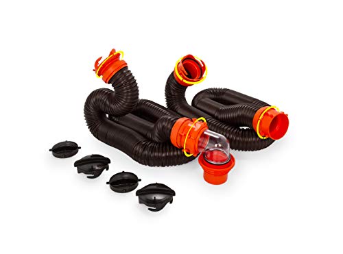 Book Cover Camco RhinoFLEX 20-Foot RV Sewer Hose Kit, Includes Swivel Fittings and Transparent Elbow with 4-In-1 Dump Station Fitting, Storage Caps Included (39741) , Black