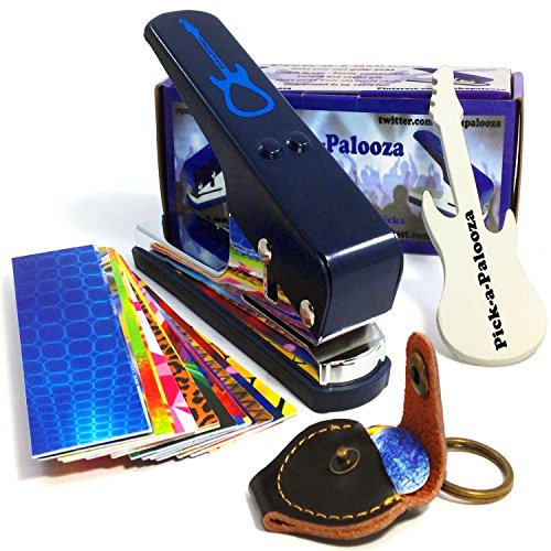 Book Cover Pick-a-Palooza DIY Guitar Pick Punch Mega Gift Pack - the Premium Pick Maker - Leather Key Chain Pick Holder, 15 Pick Strips and a Guitar File - Blue