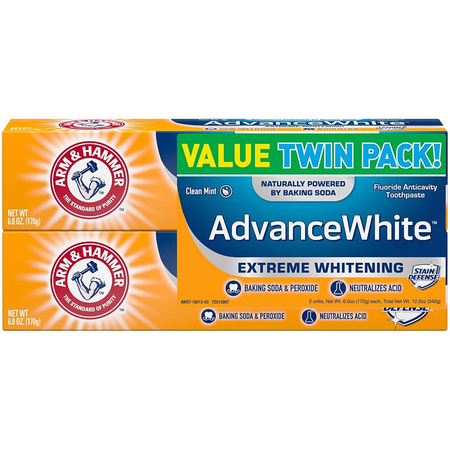 Book Cover ARM & HAMMER Advanced White Extreme Whitening Toothpaste, TWIN PACK (Contains Two 6oz Tubes) -Clean Mint- Fluoride Toothpaste