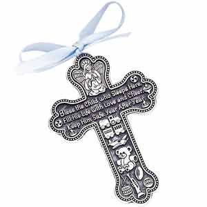 Book Cover Bless The Child - GUARDIAN ANGEL Baby BOY Crib Cross PEWTER Medal/CHRISTENING/BABY SHOWER GIFT/Baptism KEEPSAKE/with BLUE RIBBON/GIFT BOXED