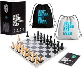 Quadruple Weight Tournament Chess Game Set - Chess Board Game with Natural Chess Pieces, Black Vinyl Board and Chess Strategy Guide