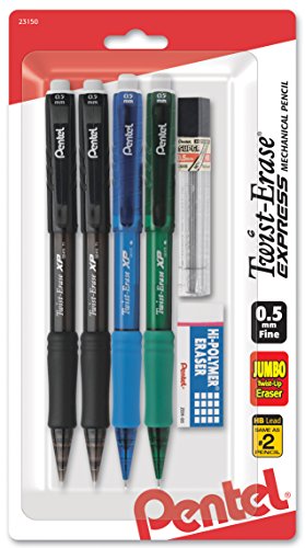 Book Cover Pentel Twist-Erase Express Mechanical Pencil, 0.5mm, Assorted Barrel Colors (QE415LZBP4), 4 pack