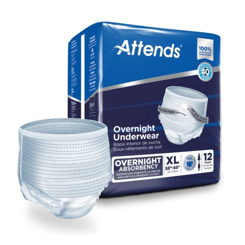 Attends Overnight Underwear for Adult Incontinence Care with ConfidenceCuff™ Protection, Overnight Absorbency, Unisex, X-Large, 12 Count (x4)