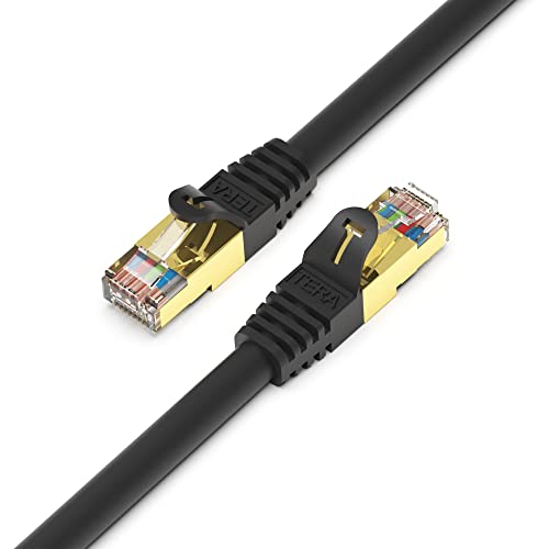 Tera Grand - Premium CAT7 Double Shielded 10 Gigabit 600MHz Ethernet Patch Cable for Modem Router LAN Network, Gold Plated Shielded RJ45 Connectors, 7 ft Black