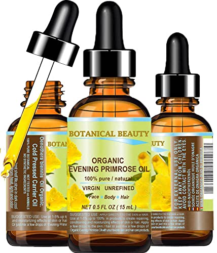ORGANIC EVENING PRIMROSE OIL. 100% Pure / Natural / Undiluted / Unrefined /Certified Organic/ Cold Pressed Carrier Oil. Rich antioxidant to rejuvenate and moisturize the skin and hair. 0.5 Fl.oz.- 15 ml. by Botanical Beauty
