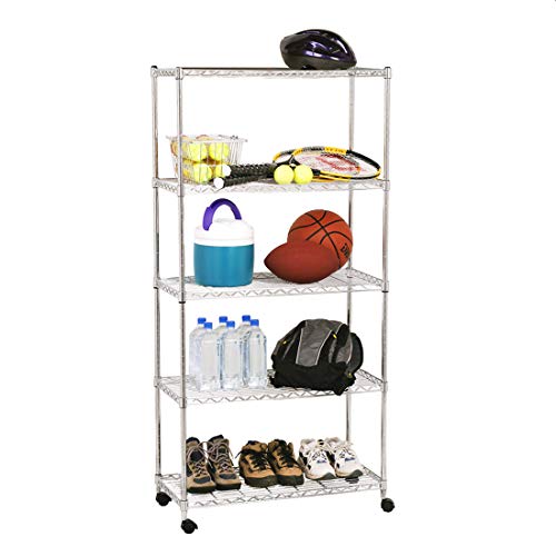 Seville Classics 5-Tier Steel Wire Shelving with Wheels, 30" W x 14" D x 60" H, Plated Steel