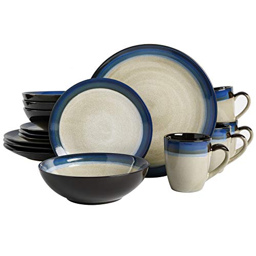 Book Cover Gibson Elite Couture Bands Round Reactive Glaze Stoneware Dinnerware Set, Service for 4 (16pcs), Blue and Cream