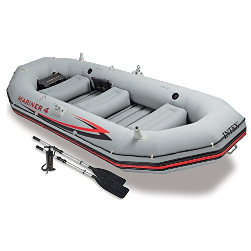 INTEX 68376EP Mariner 4 Inflatable Boat Set: Includes Deluxe 54in Boat Oars and High-Output Pump – Wear-Resistant Keel – Removable Fishing Rod Holders – 4-Person – 1100lb Weight Capacity