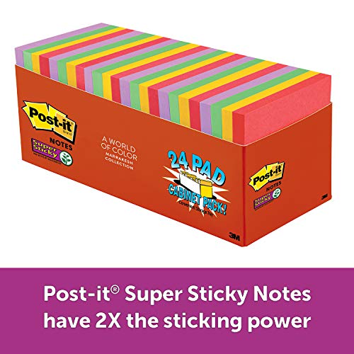 Book Cover Post-it Super Sticky Notes, Primary Colors, 2X the Sticking Power, Great for Reminders, Large Pack 67% Plant-Based Adhesive by Weight, 3 in. x 3 in, 24 Pads/Pack, 70 Sheets/Pad (654-24SSAN-CP)
