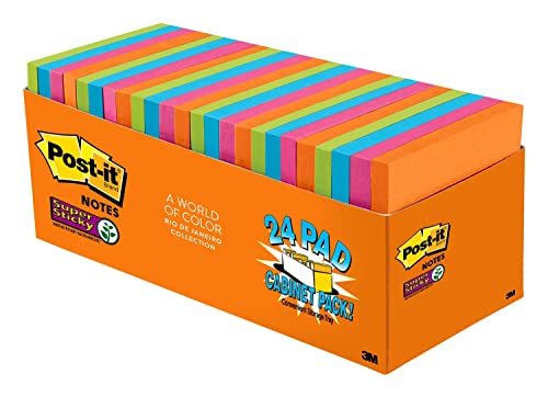 Book Cover Post-it Super Sticky Notes, 3x3 in, 24 Pads, 2x the Sticking Power, Rio de Janeiro Collection, Bright Colors (Orange, Pink, Blue, Green), Recyclable (654-24SSAU-CP)