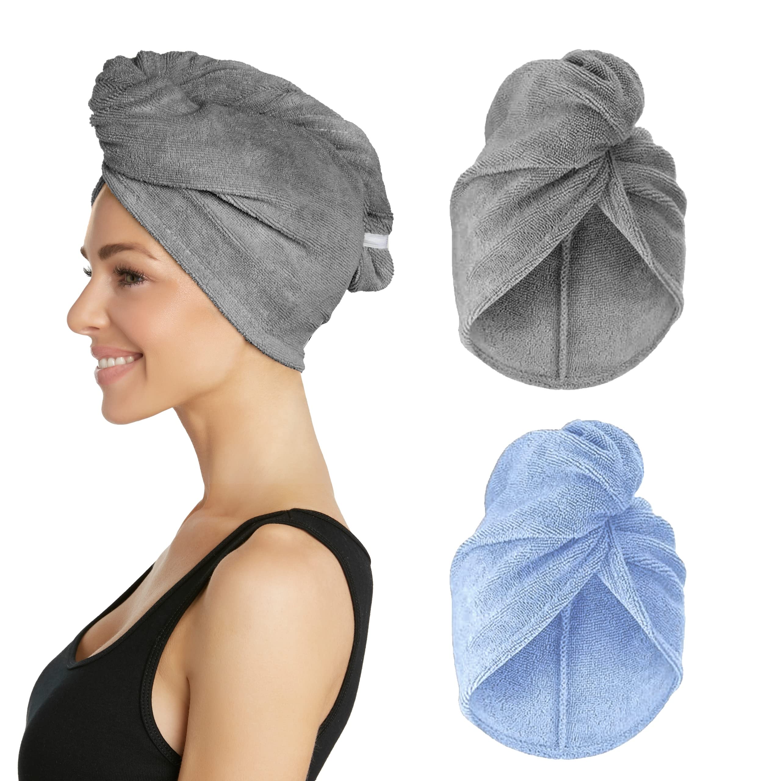 Turbie Twist Microfiber Hair Towel Wrap for Women and Men | 2 Pack | Bathroom Essential Accessories | Quick Dry Hair Turban for Drying Curly, Long & Thick Hair (Grey, Blue) Gray / Blue