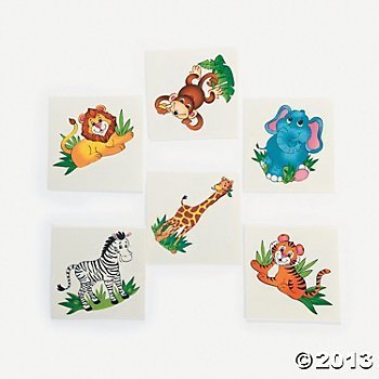 Fun Express 72 Adorable Zoo Animal Tattoos/Zebra/Lion/Elephant/Monkey/Tiger/Giraffe/Safari/Jungle/Birthday Party Favors/6 Dozen