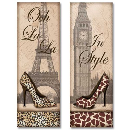 wallsthatspeak 2 Travel in Style Animal Print High Heel Pumps Shoes Fashion Classy Art Prints Paris London, 6 by 18-Inch, Beige