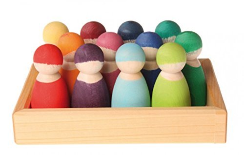 Book Cover Grimm's Set of 12 Rainbow Friends Peg Dolls - Wooden Pretend Play People Figures with Storage Tray