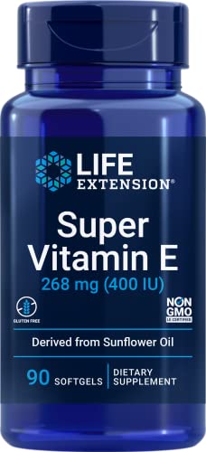Life Extension Super Vitamin E, 268 mg (400 IU), Non-Synthetic Vitamin E Supplement Promotes Whole-Body Health, Gluten-Free, Non-GMO, 90 softgels