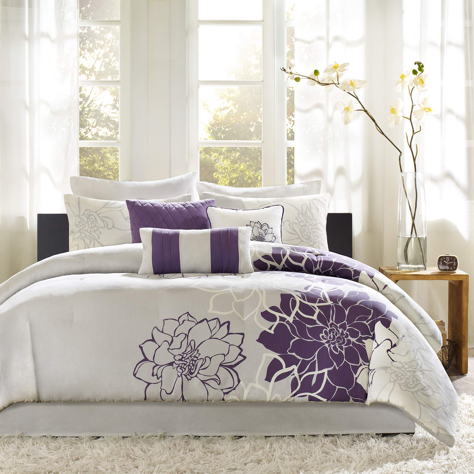 Madison Park Lola Sateen Cotton Comforter Set-Casual Medallion Floral Design All Season Down Alternative Bedding, Shams, Bedskirt, Decorative Pillows, Twin/Twin XL, Grey/Purple 6 Piece Twin/Twin XL Floral Grey/Purple