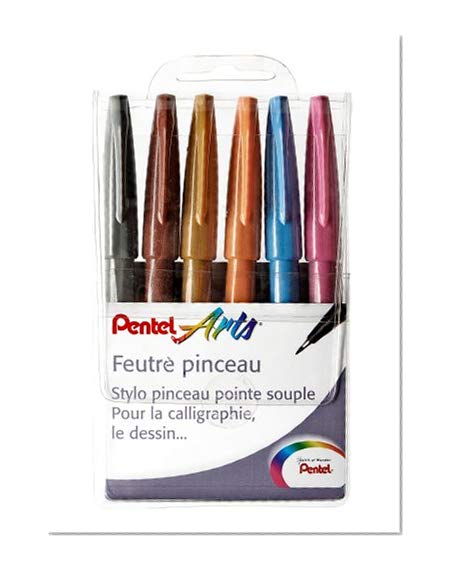 Pentel Pochette de 6 Feutres Pinceaux à Pointe Souple pour Esquisse/Calligraphie Couleurs Assorties Pochette Artist Rose/Bleu Ciel/Ocre/Marron/Gris/Orange