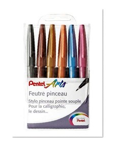 Pentel Pochette de 6 Feutres Pinceaux à Pointe Souple pour Esquisse/Calligraphie Couleurs Assorties Pochette Artist Rose/Bleu Ciel/Ocre/Marron/Gris/Orange